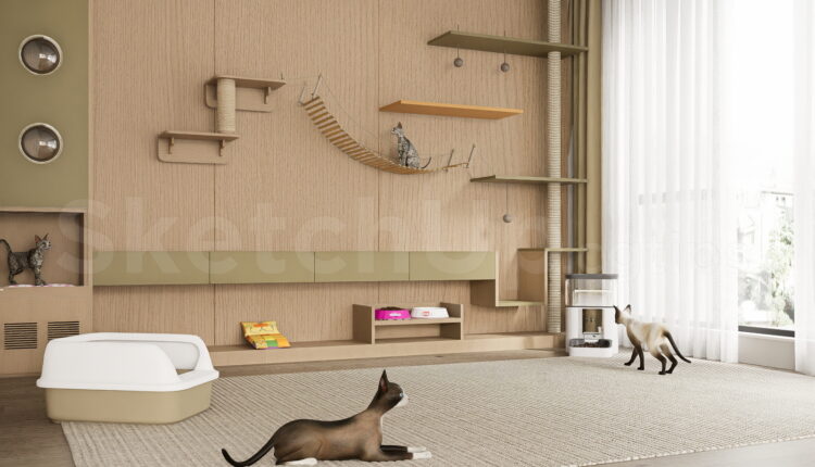 21441. Pet Friendly Interior Design – Wooden Cat Wall Shelves Sketchup Model Download (2)