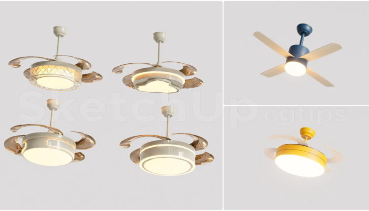 21449. Modern Ceiling Fan Set With Led Light Sketchup 3d Model Download (1)