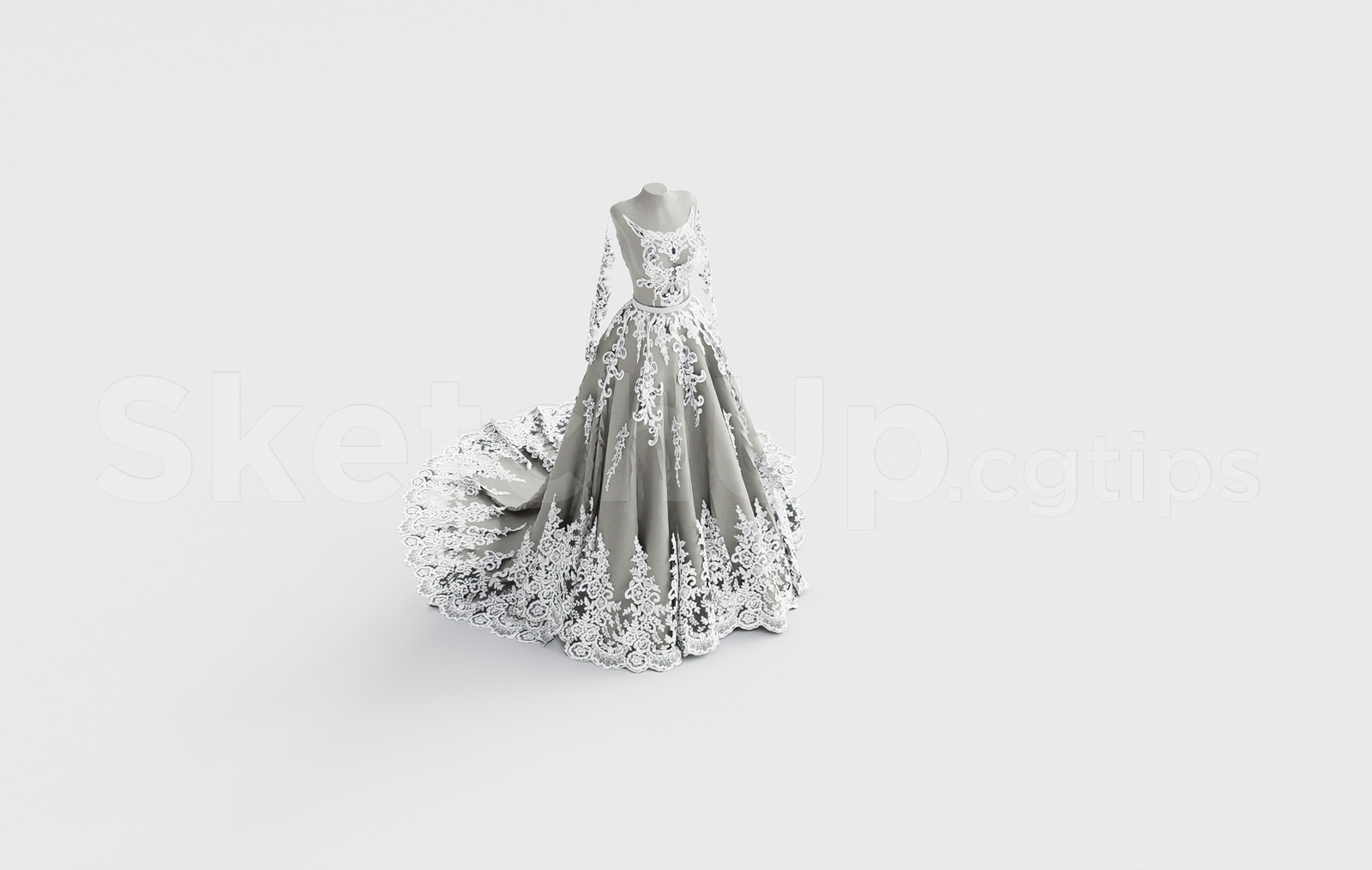 21457. Luxury Long Sleeve Lace Bridal Gown 3d Model Sketchup Download (2)