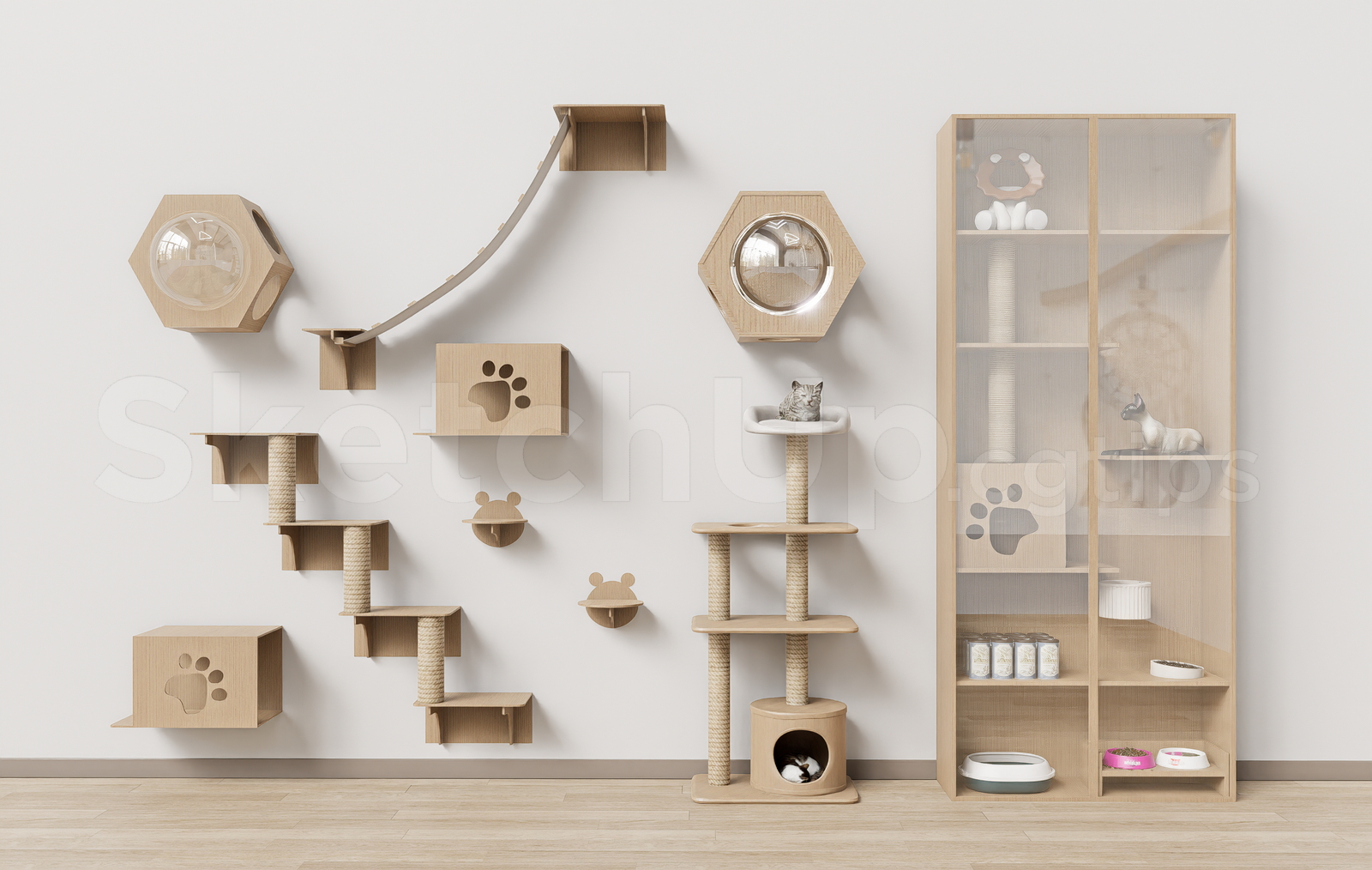 21460. Wall Mounted Wooden Cat Climbing Furniture Set 3d Model - Sketchup Download (2)