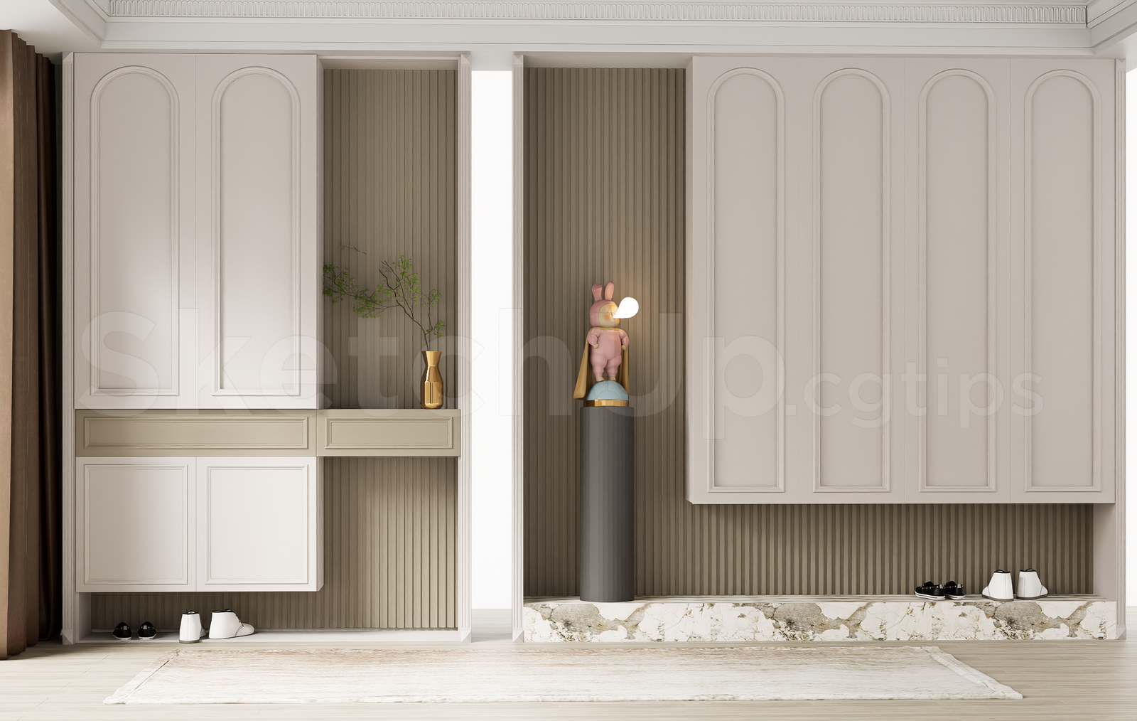 21469. Neoclassical Entryway Shoe Cabinet And Wall Panel Unit Sketchup Model Download (1)