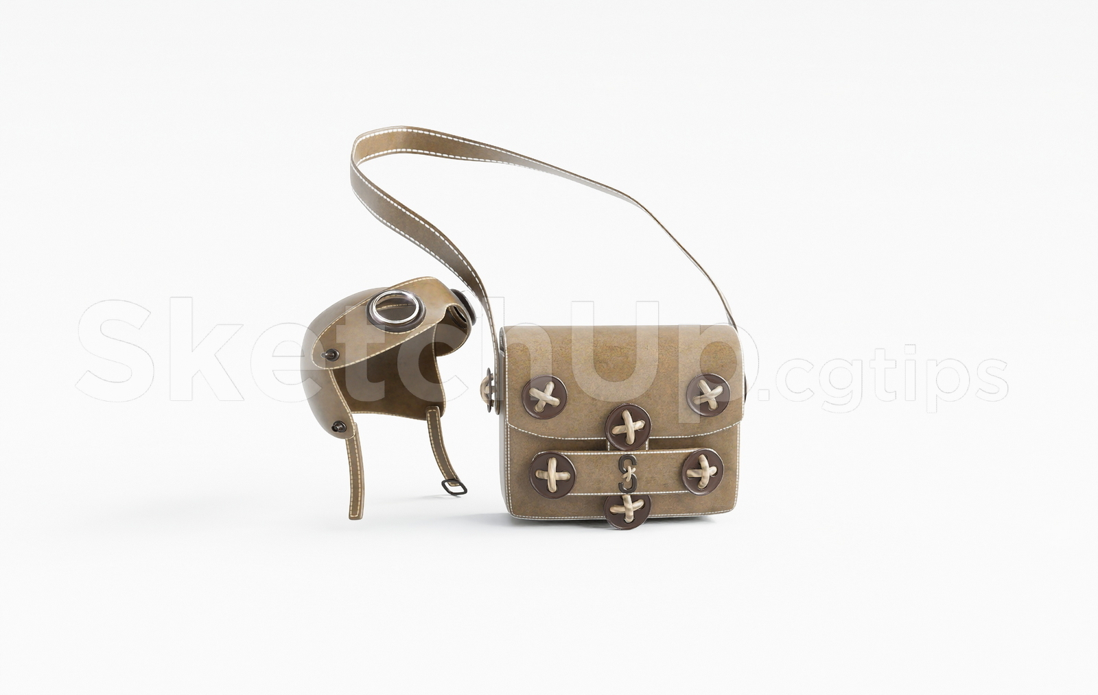 21485. Retro Leather Pilot Helmet And Satchel Bag Sketchup Model Download (1)