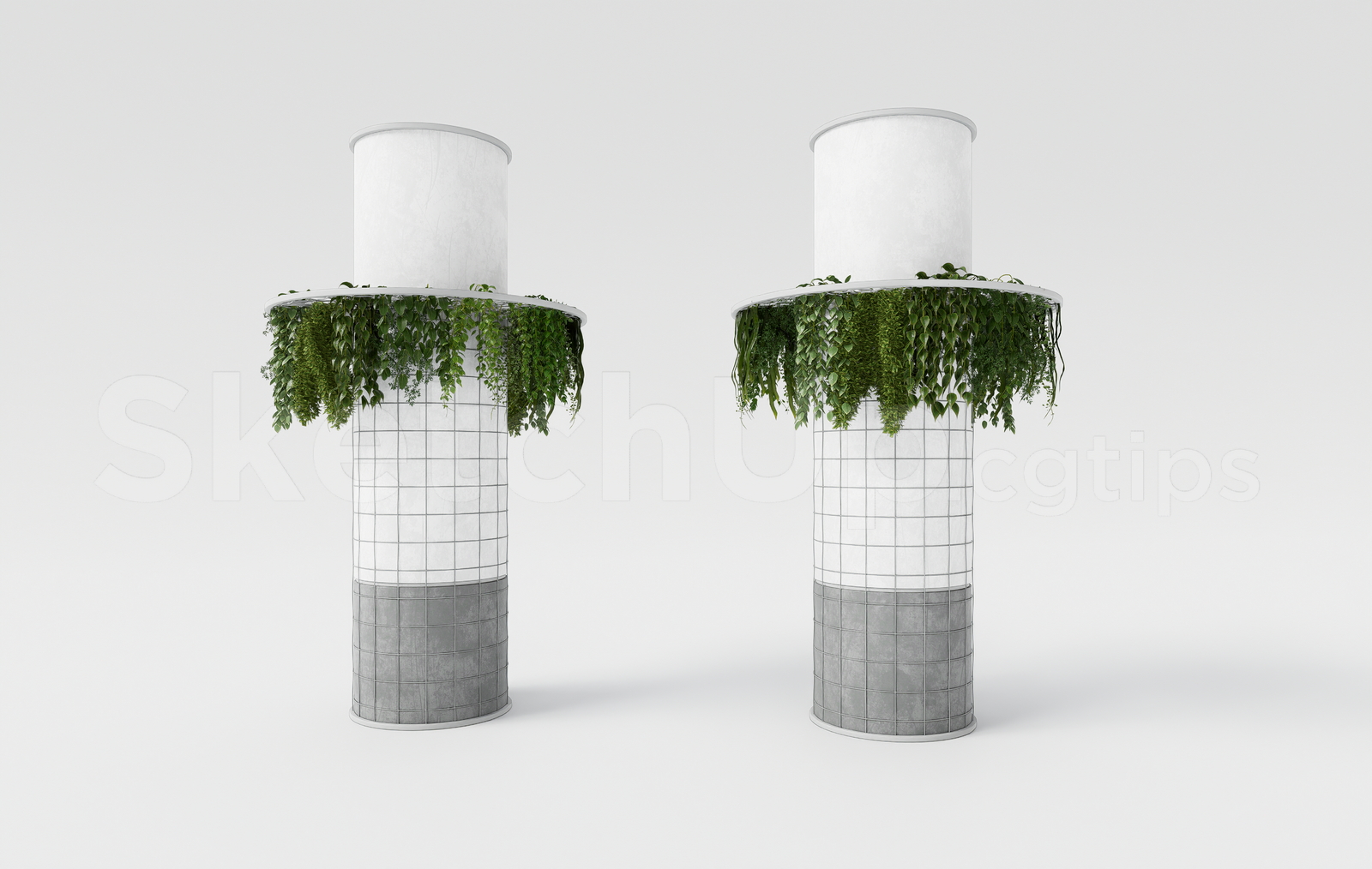 21489. Cylindrical Tiled Column With Hanging Plants Set 3d Model Download (1)
