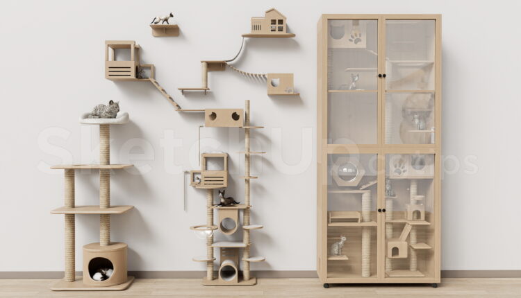 21493. Modern Wooden Cat Climbing Wall And Cat Tree Set 3d Model Download (1)