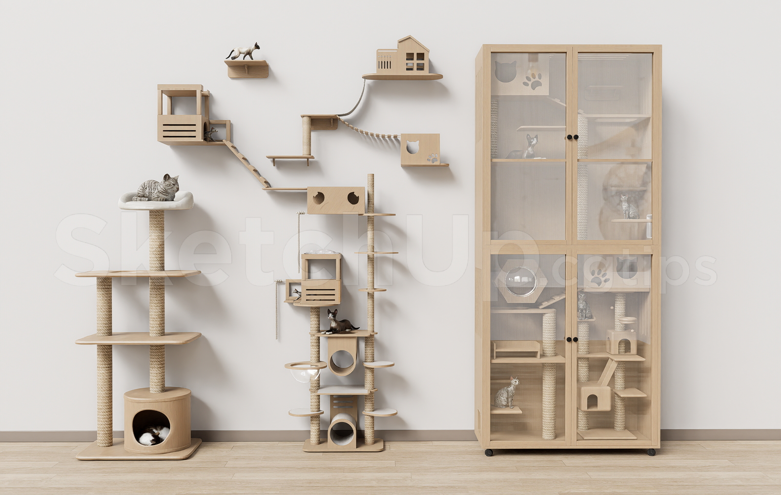 21493. Modern Wooden Cat Climbing Wall And Cat Tree Set 3d Model Download (1)