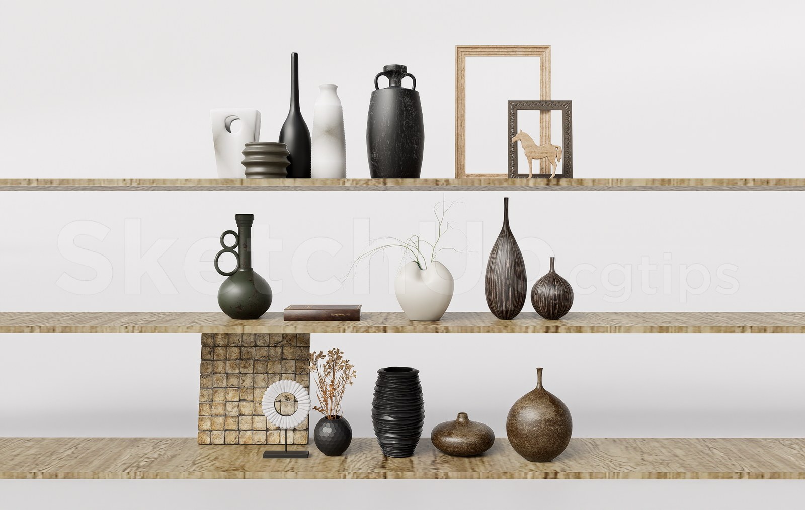 21499. Wabi Sabi Ceramic Vases And Shelf Decor Set Sketchup Model Download (1)