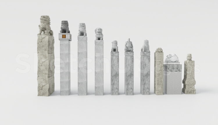 21503. Traditional Chinese Stone Lion Pillars Set Sketchup Model Download (2)