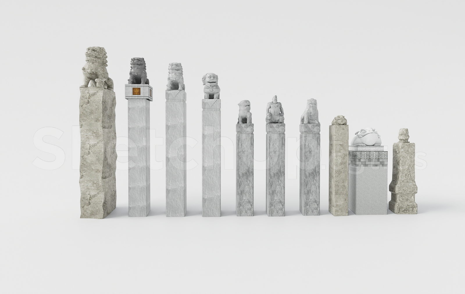 21503. Traditional Chinese Stone Lion Pillars Set Sketchup Model Download (2)