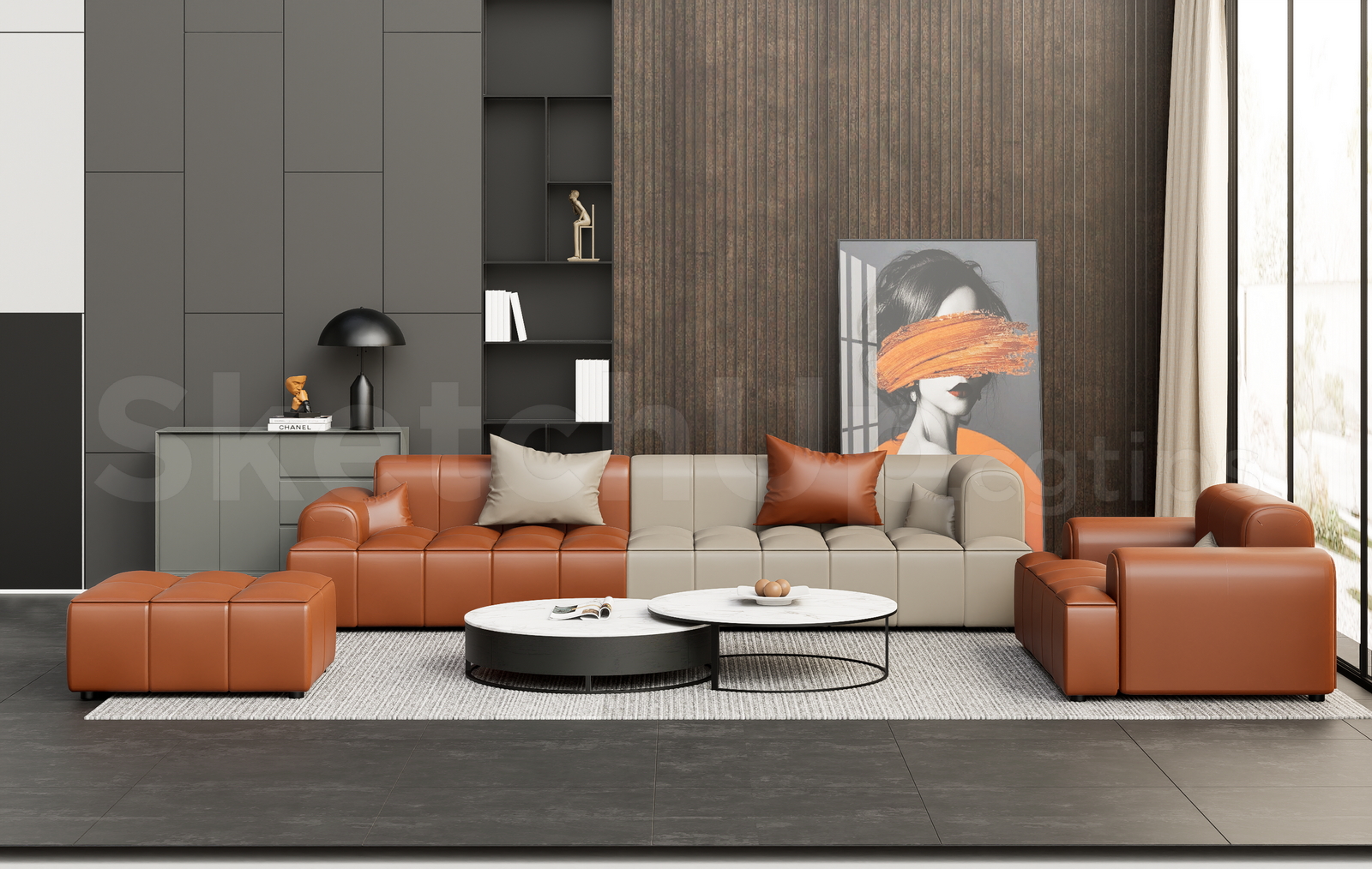 21506. Modern Two-tone Leather Sectional Sofa Set 3d Model Download (1)