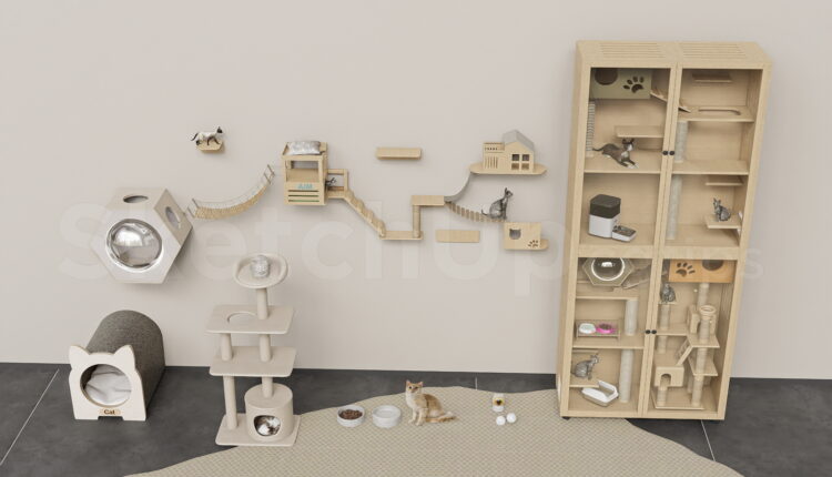 21523. Wooden Cat House Wall Furniture With Glass Cabinet Sketchup Download (2)