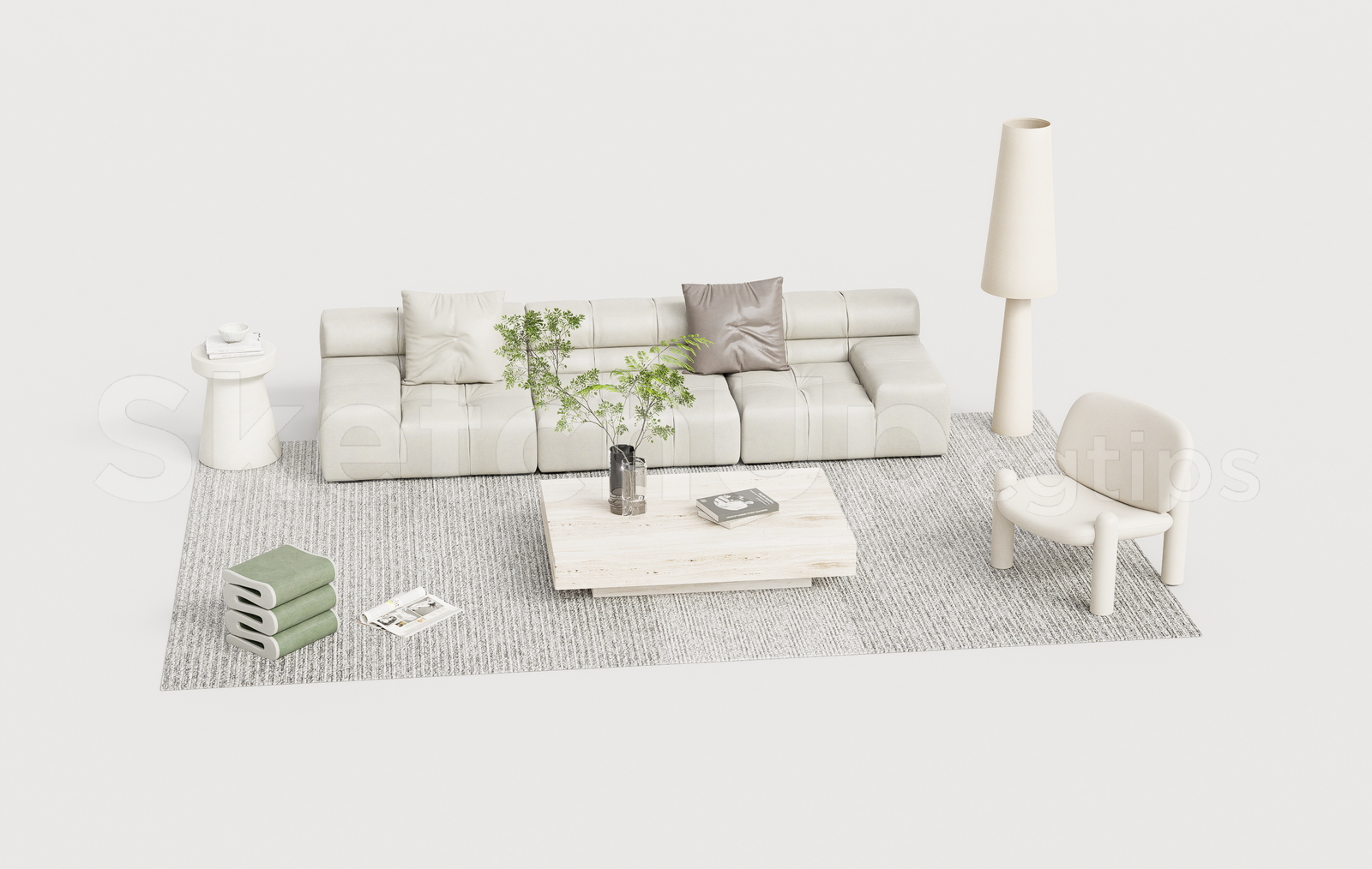 21530. Modern Minimalist Living Room Sofa Set With Coffee Table And Armchair Sketchup Download (1)