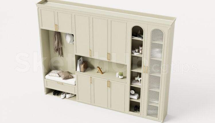 21532. Modern Classic Hallway Wardrobe And Shoe Cabinet Unit With Bench Sketchup Model Download (2)