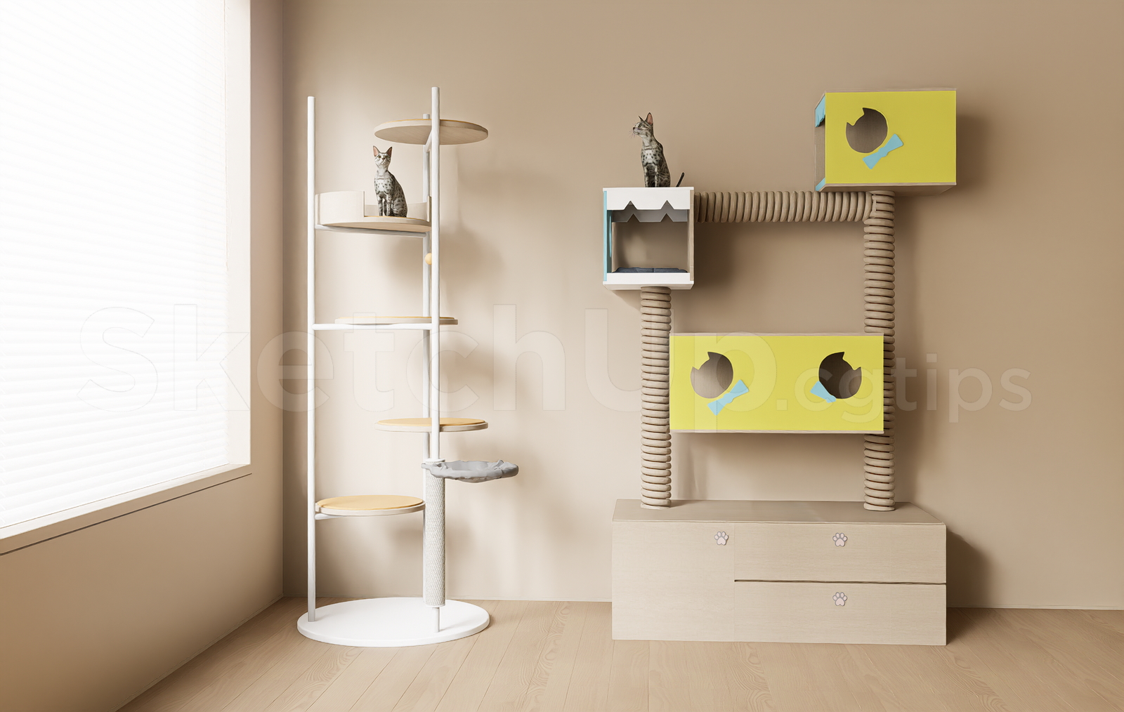 21559. Wall-mounted Cat Climbing Tree Set Sketchup Model Free Download (1)
