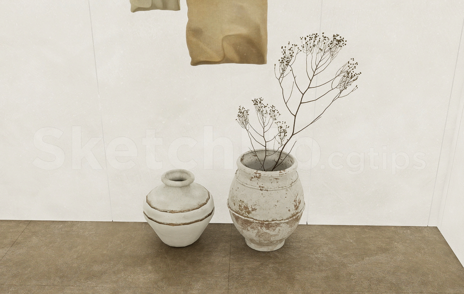 21566. Rustic Wabi-sabi Ceramic Vases Set With Dried Branch 3d Model Sketchup Download (2)