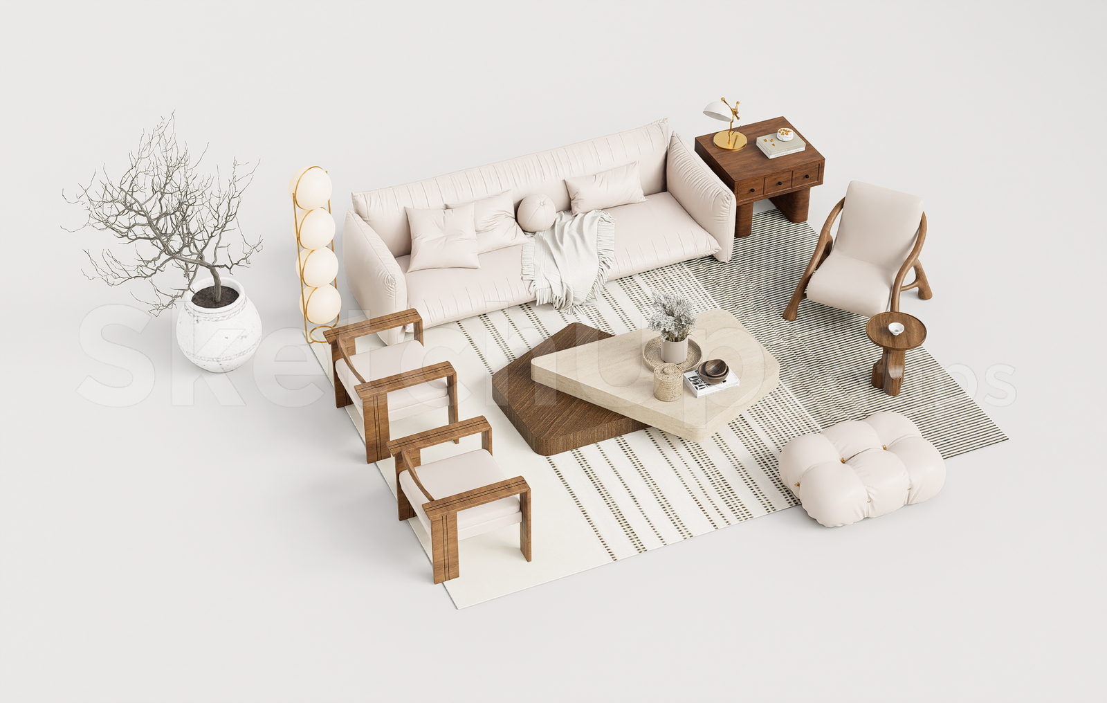 21576. Modern Cream Fabric Sofa Living Room Set - Sketchup Model Download (1)