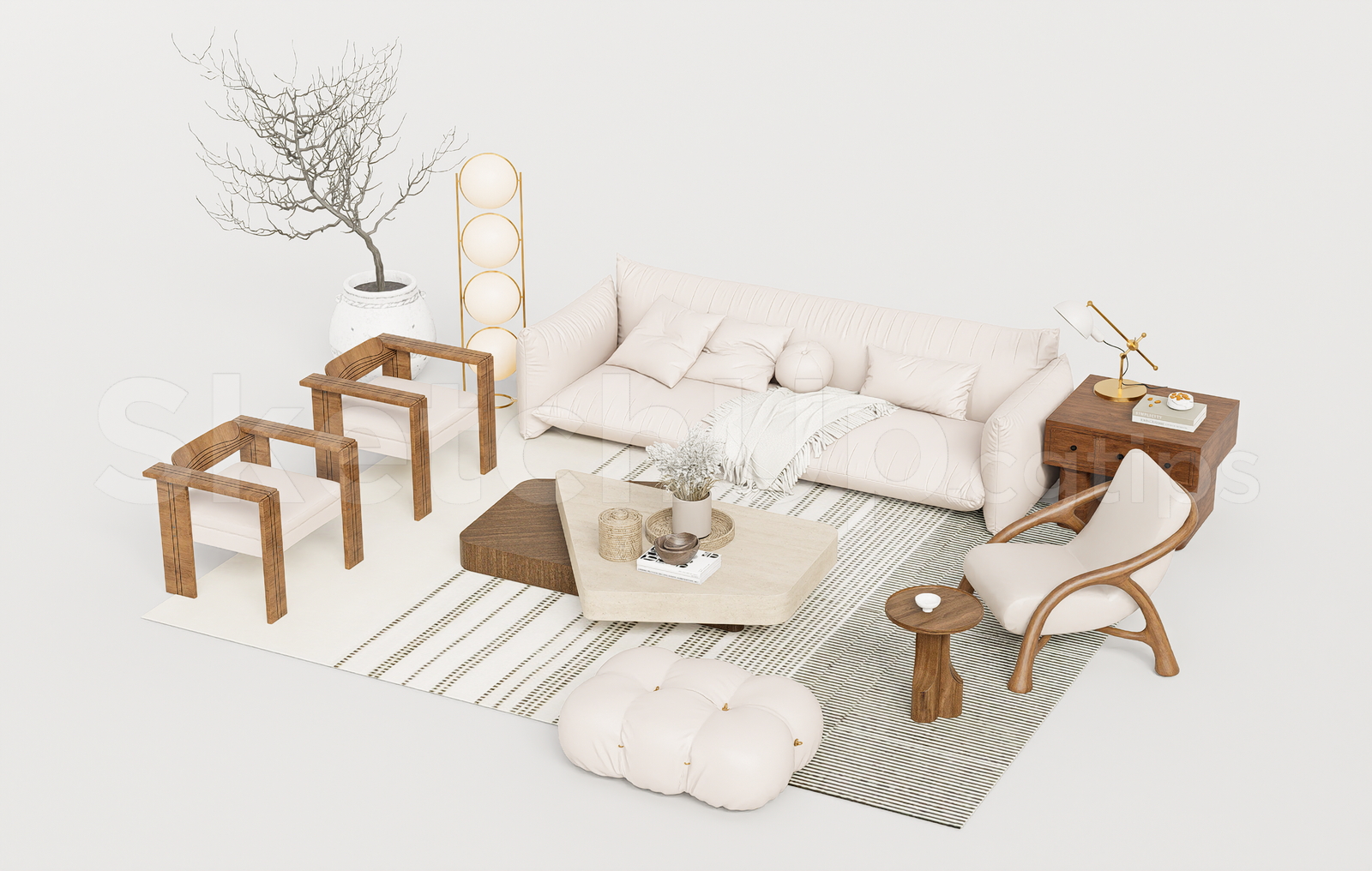21576. Modern Cream Fabric Sofa Living Room Set - Sketchup Model Download (2)