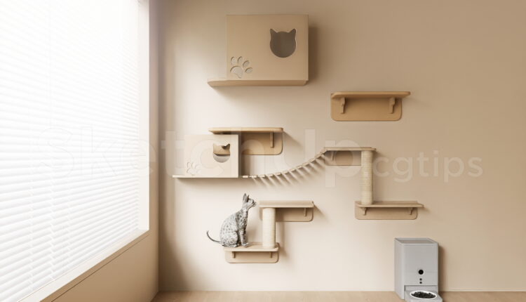 21577. Modern Wall Mounted Wooden Cat Shelves Set – Sketchup Model Download (1)