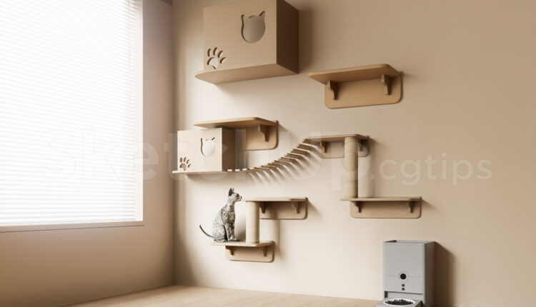 21577. Modern Wall Mounted Wooden Cat Shelves Set – Sketchup Model Download (2)