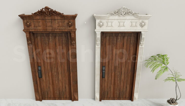 21601. Classic Carved Wooden Door Set With Smart Lock 3d Model Sketchup Download (2)