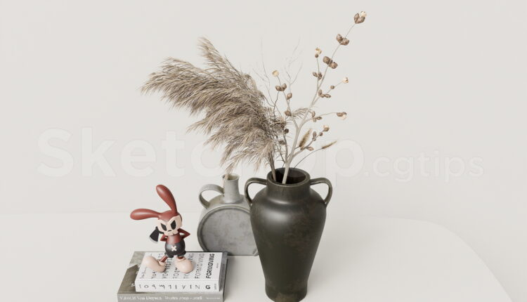 21611. Wabi-sabi Ceramic Vases And Dried Flowers Table Decor Sketchup Model Download (1)