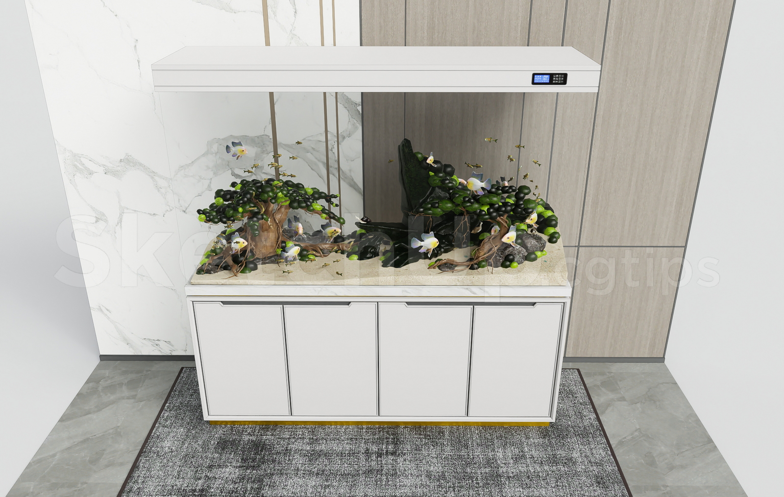 21613. Modern White Fish Tank Cabinet And Bonsai Aquascape 3d Model Sketchup Download (2)