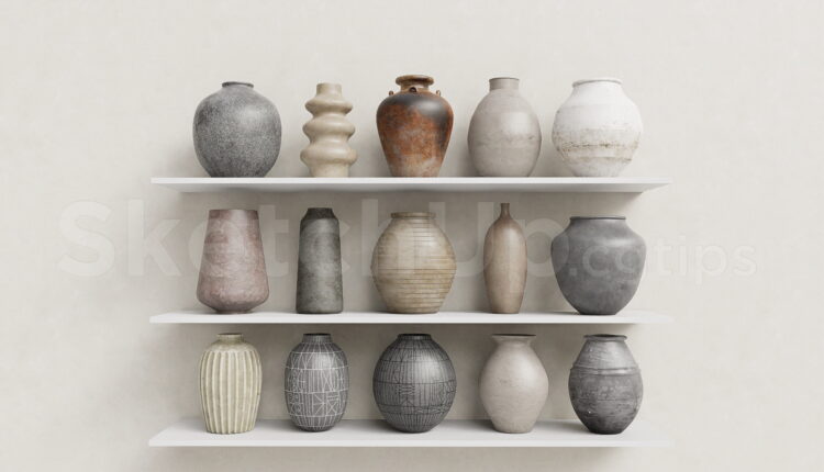 21614. Rustic Ceramic Vases Set With Wall Shelves Sketchup Model Download (1)