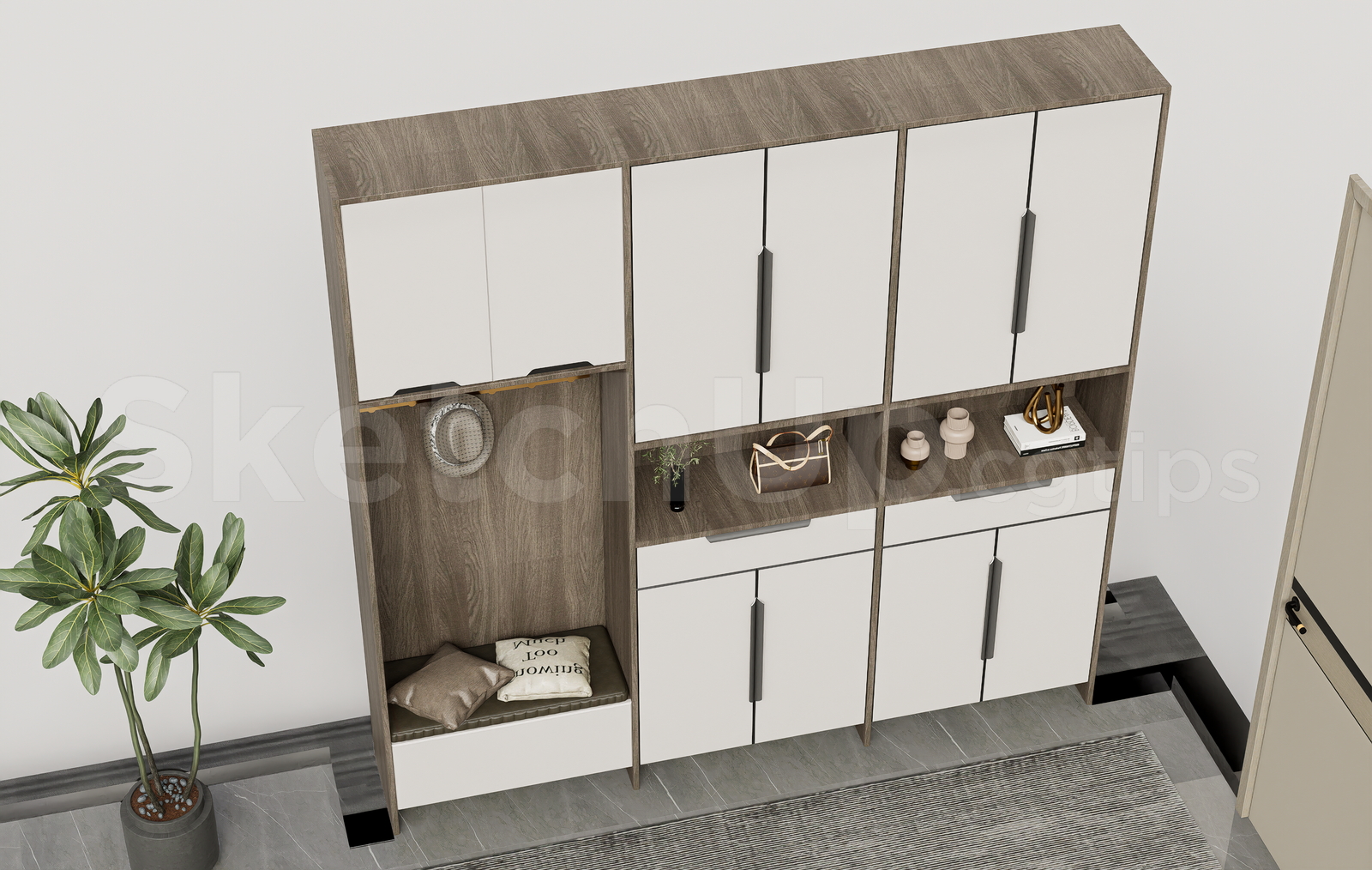 21615. Modern Entryway Shoe Cabinet With Bench And Coat Rack 3d Model - Sketchup Download (2)