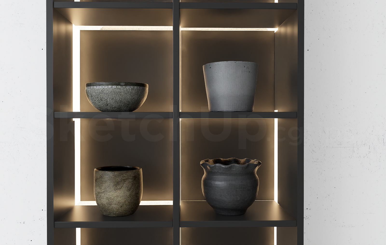 21630. Modern Ceramic Vases And Backlit Shelf Unit Sketchup Model Download (1)