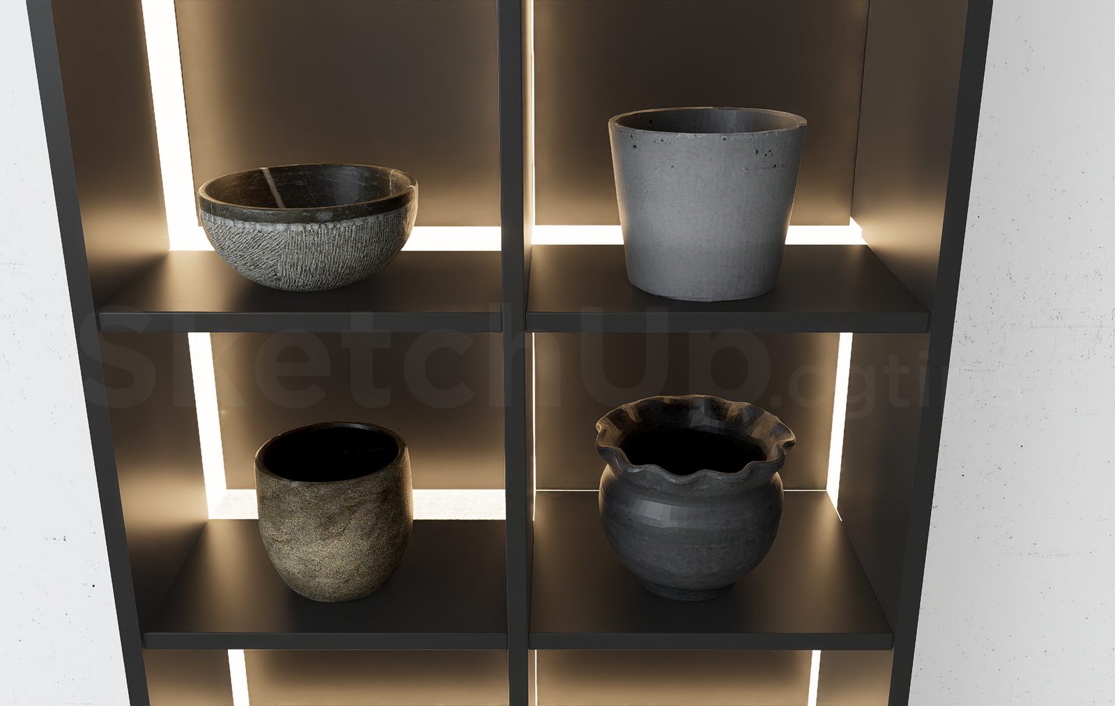21630. Modern Ceramic Vases And Backlit Shelf Unit Sketchup Model Download (2)