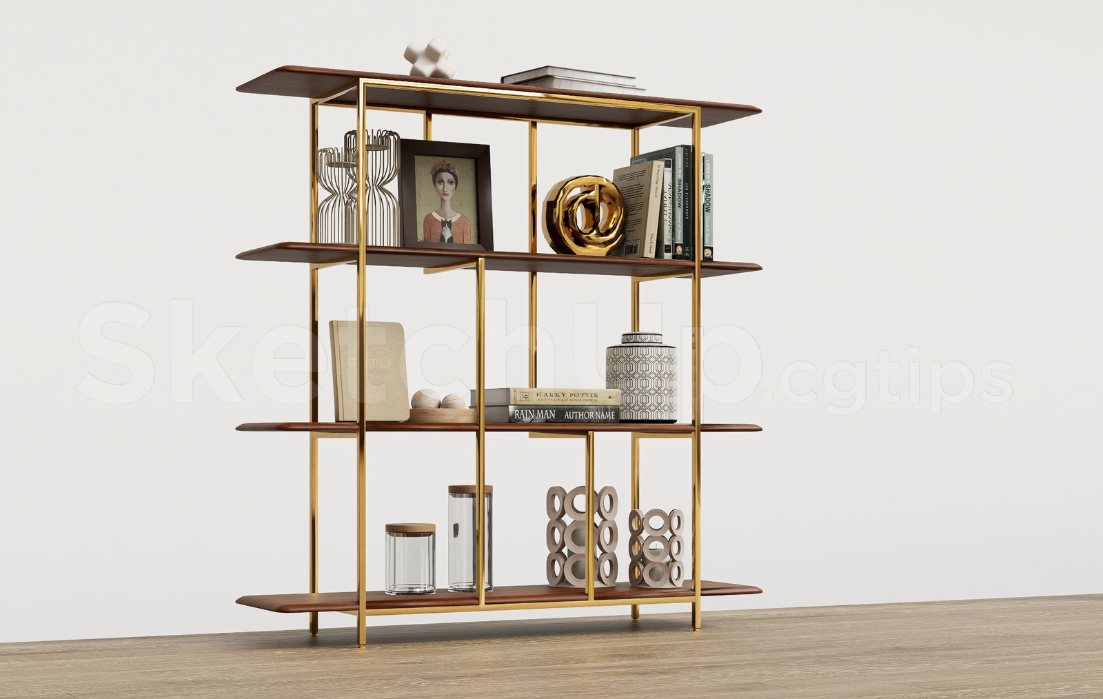 21631. Brass Frame Bookcase With Decorative Objects 3d Asset Sketchup Download (1)