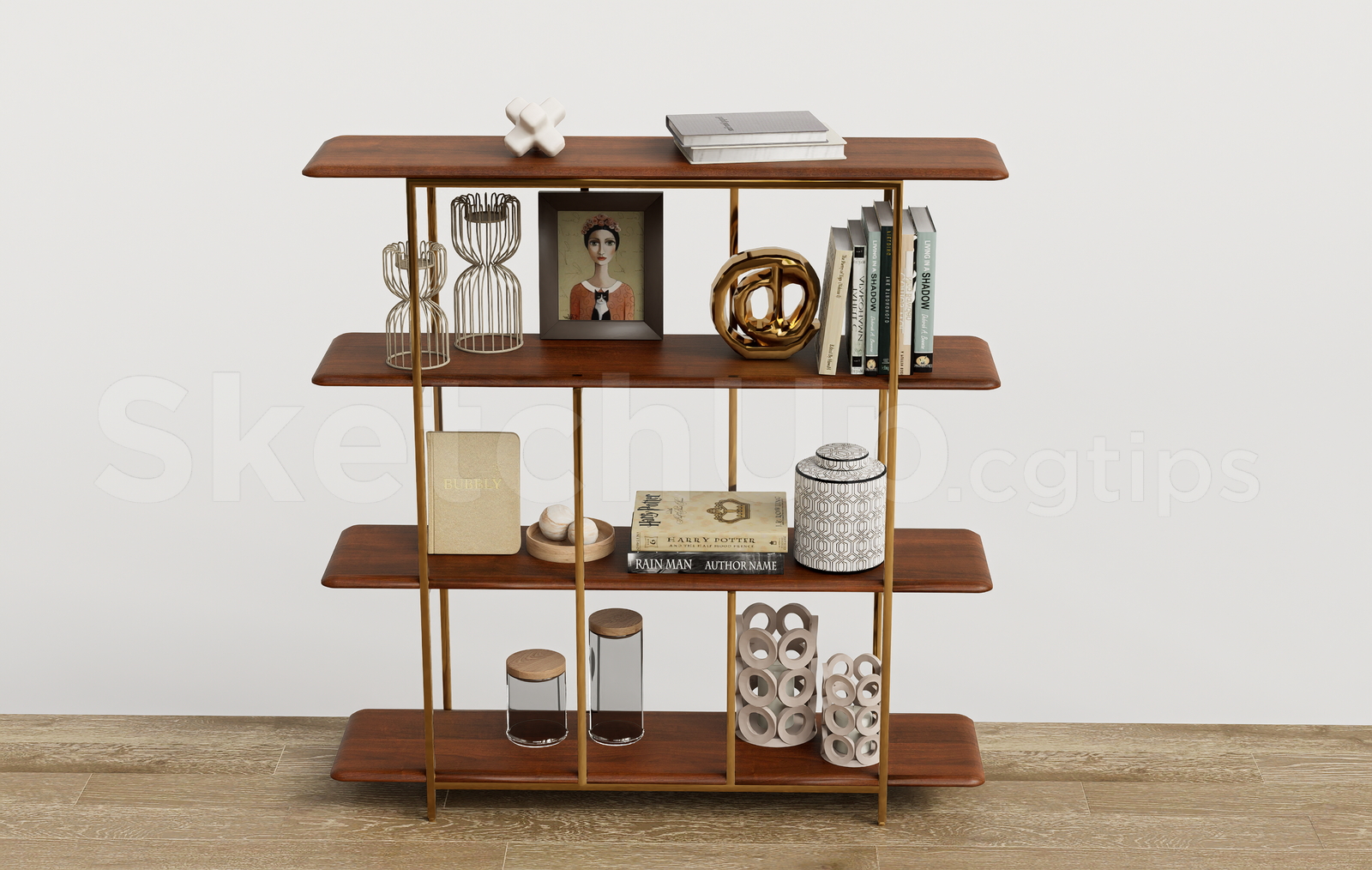 21631. Brass Frame Bookcase With Decorative Objects 3d Asset Sketchup Download (2)