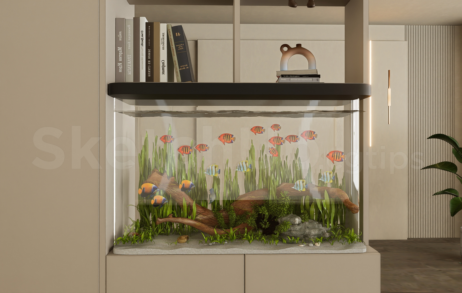 21632. Modern Built-in Fish Tank And Shelf Unit Sketchup Model Download (1)
