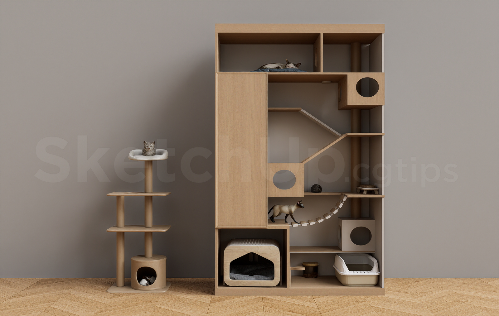 21638. Modern Wooden Cat Cabinet And Cat Tree Set Sketchup Model Download (1)