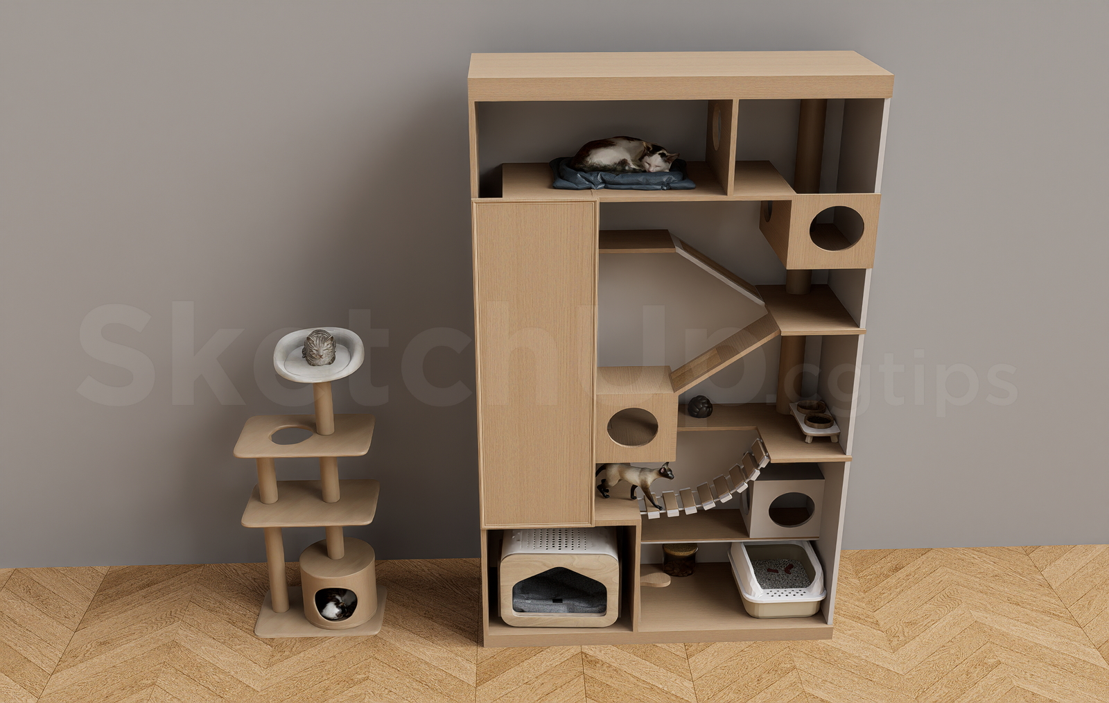 21638. Modern Wooden Cat Cabinet And Cat Tree Set Sketchup Model Download (2)