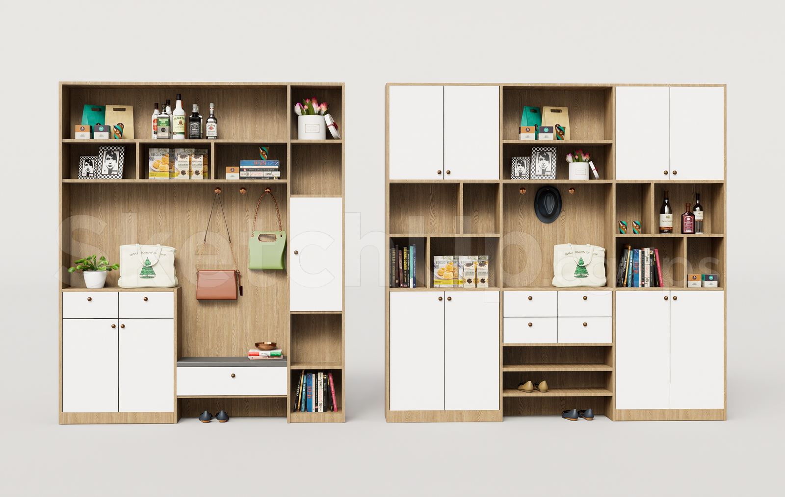 21640. Wooden Hallway Organizer And Shoe Cabinet Set - Sketchup 3d Asset Download (1)
