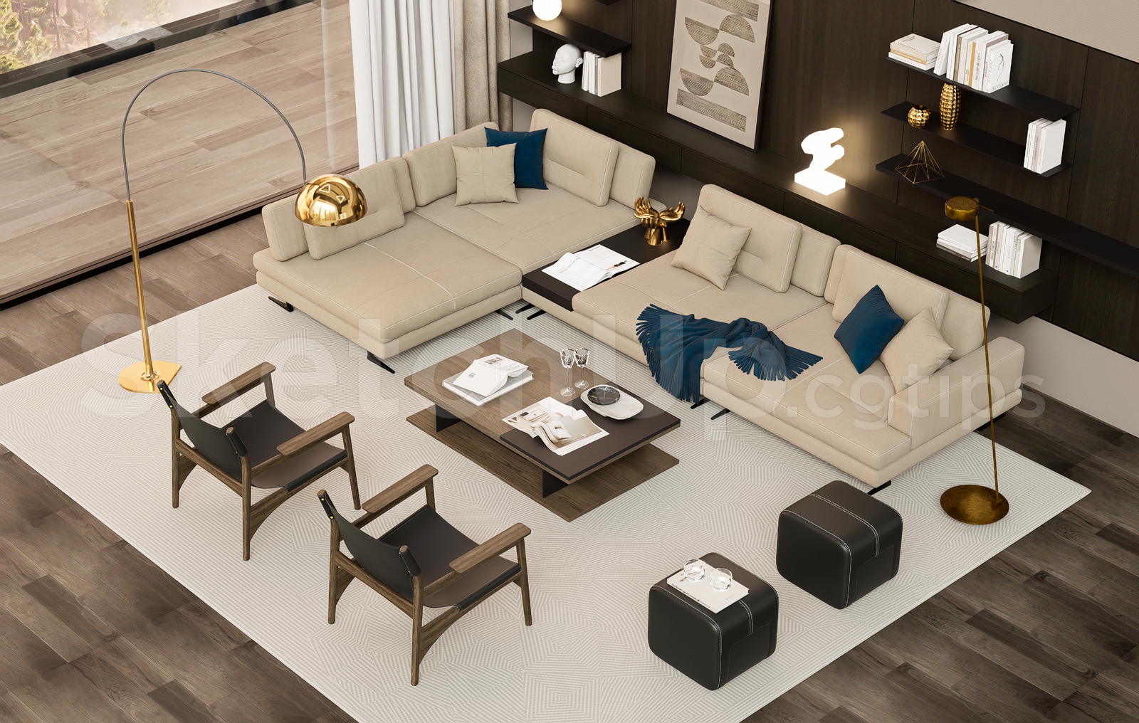 21645. Contemporary Sectional Fabric Sofa With Armchairs 3d Model Sketchup Download (2)