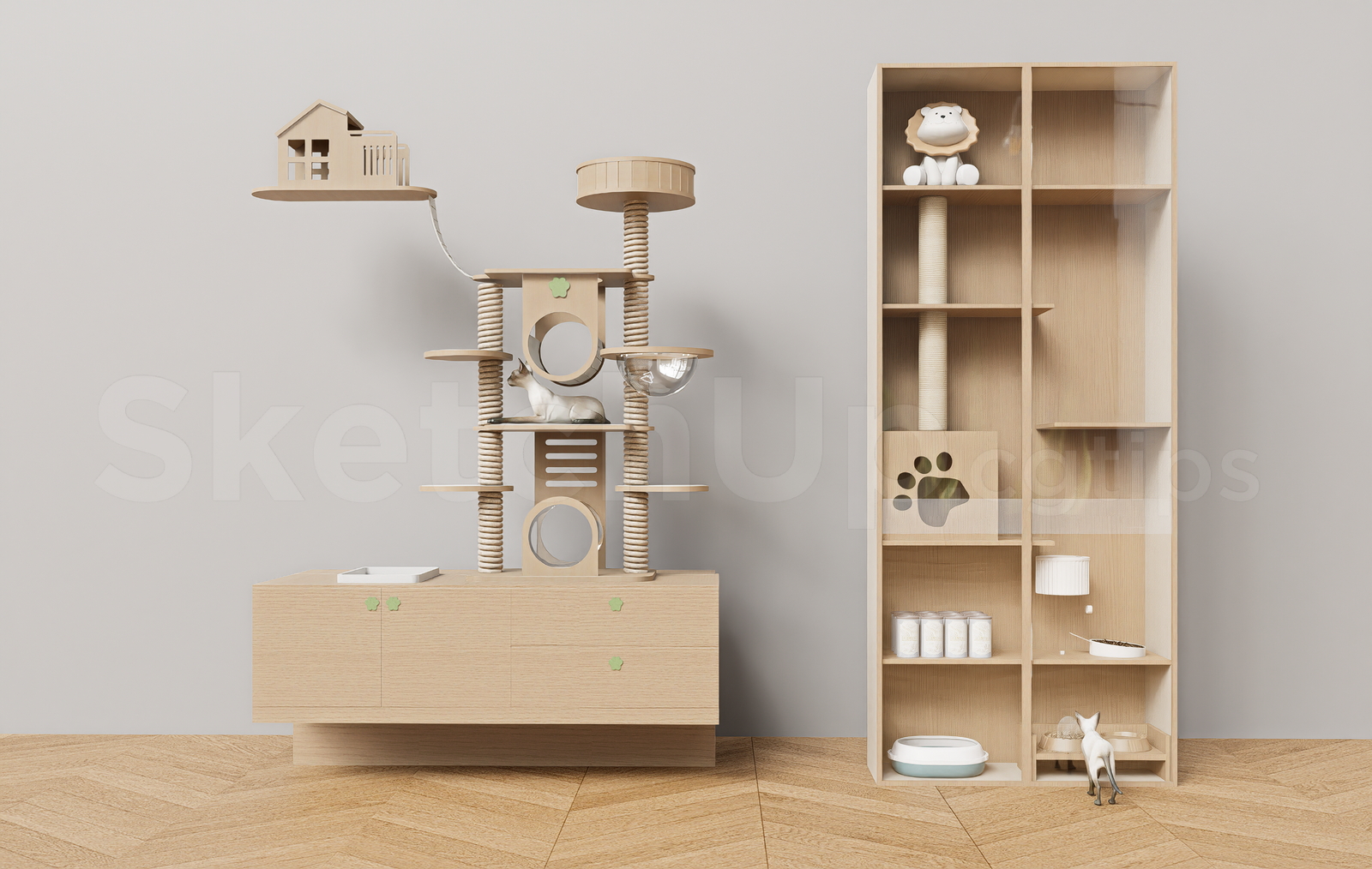 21655. Modern Wooden Cat Tree Tower And Pet Cabinet Set - Sketchup 3d Model Download (1)