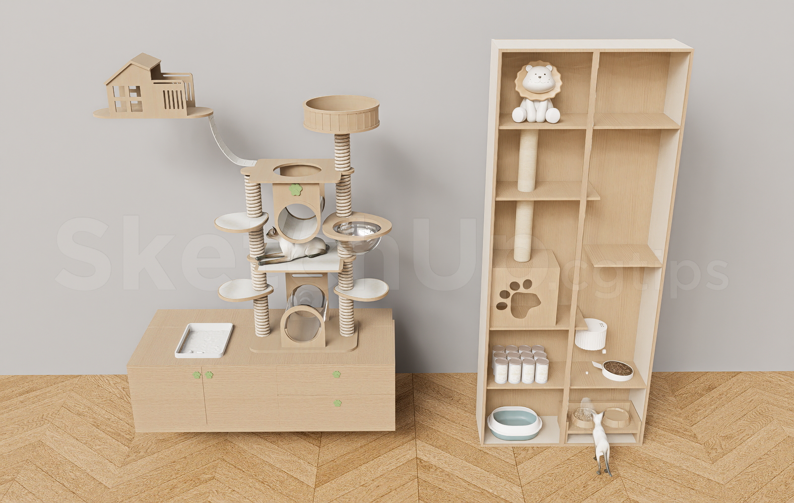 21655. Modern Wooden Cat Tree Tower And Pet Cabinet Set - Sketchup 3d Model Download (2)