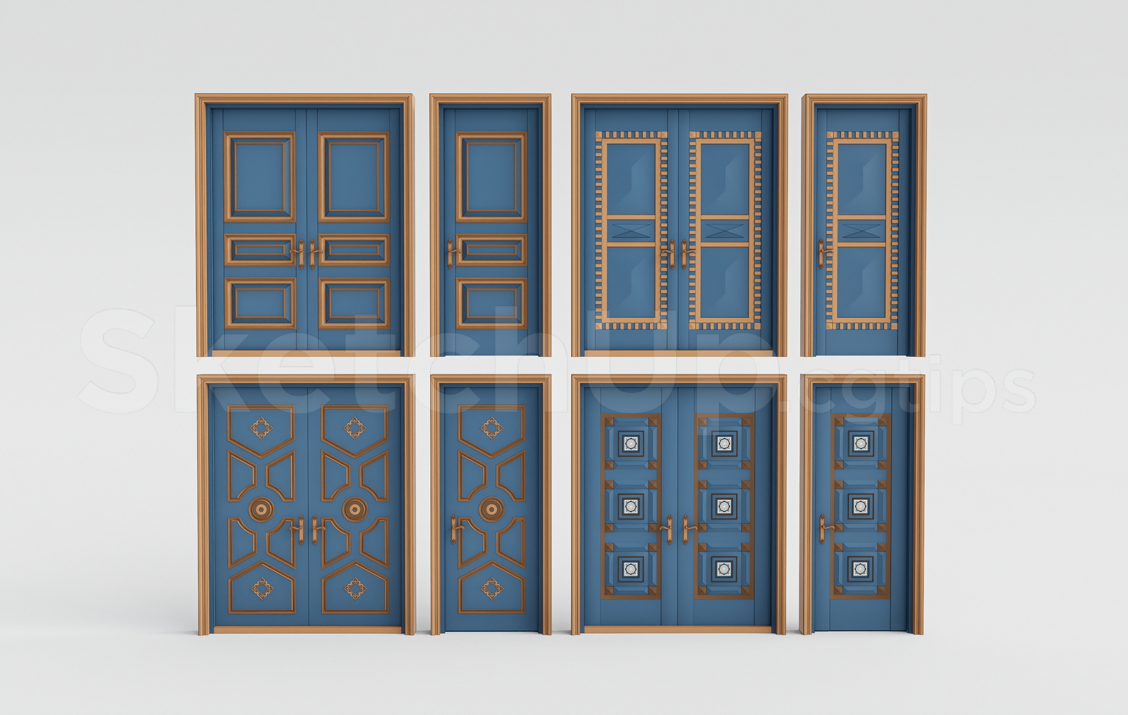 21661. Classic Neoclassic Blue Wooden Doors Collection Sketchup 3d Model Download (1)