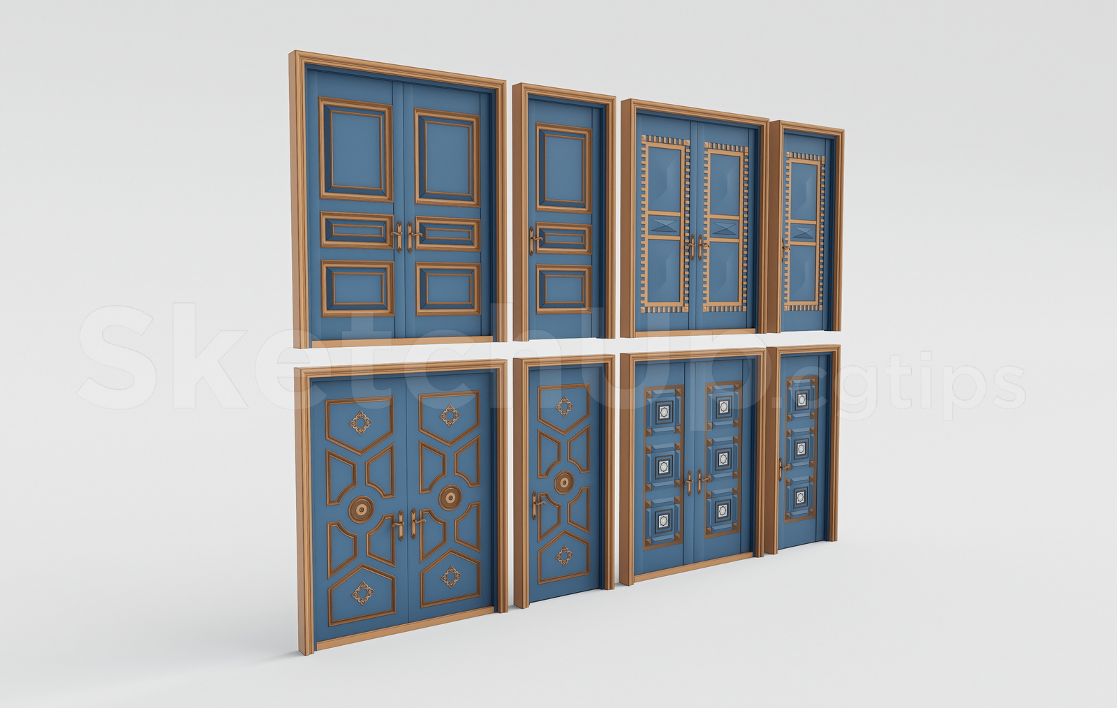 21661. Classic Neoclassic Blue Wooden Doors Collection Sketchup 3d Model Download (2)