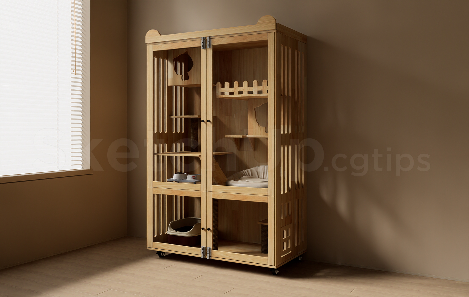 21664. Wooden Cat Cage Villa Cabinet Sketchup 3d Model Free Download (2)