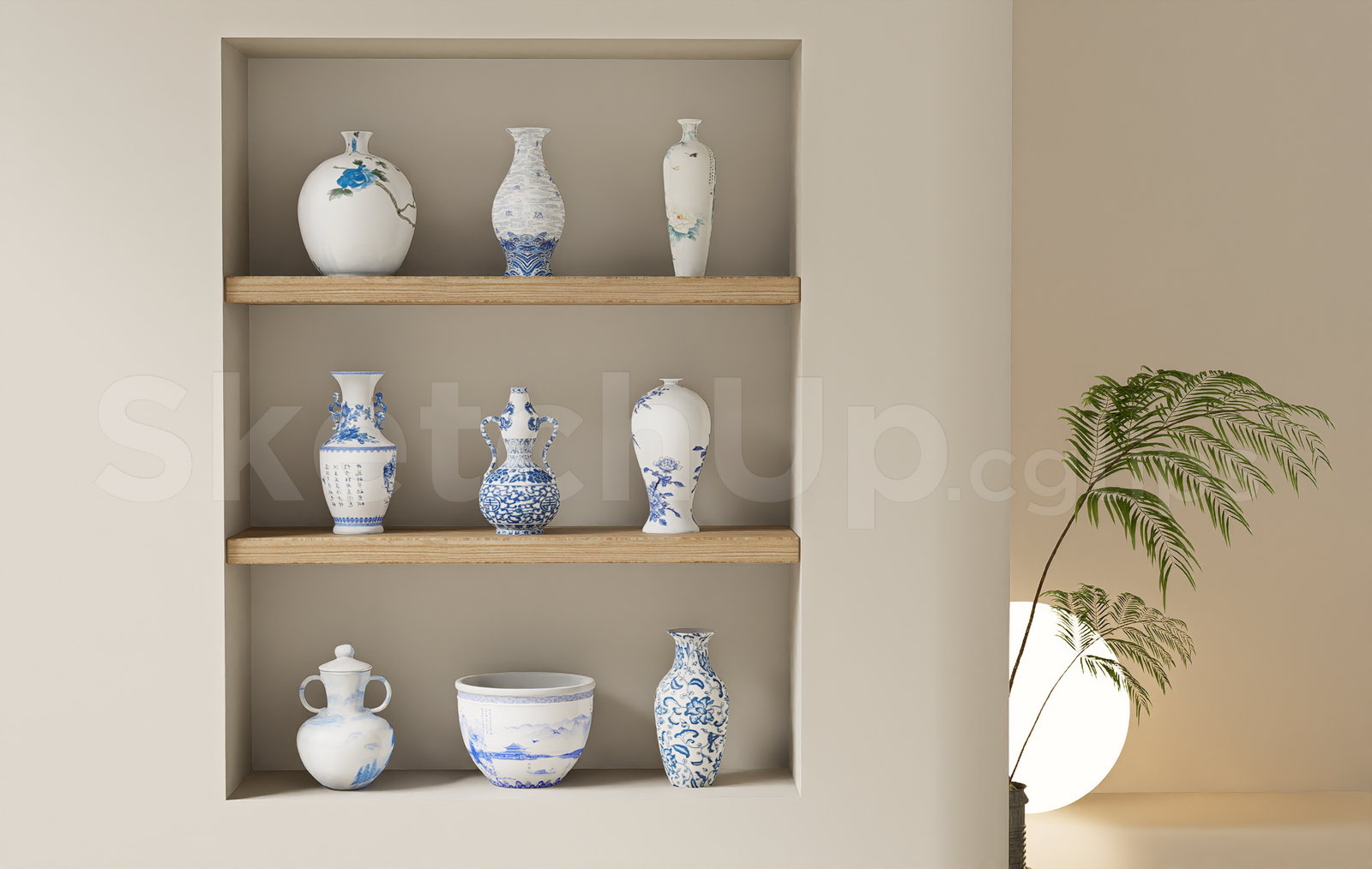 21670. Blue And White Porcelain Vases Decorative Collection Sketchup 3d Model Download (2)