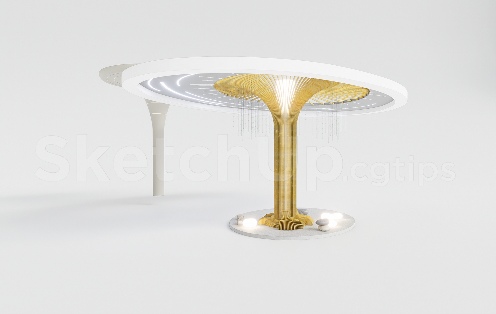 21671. Futuristic Circular Ceiling Canopy With Wooden Parametric Column Sketchup Model Download (2)