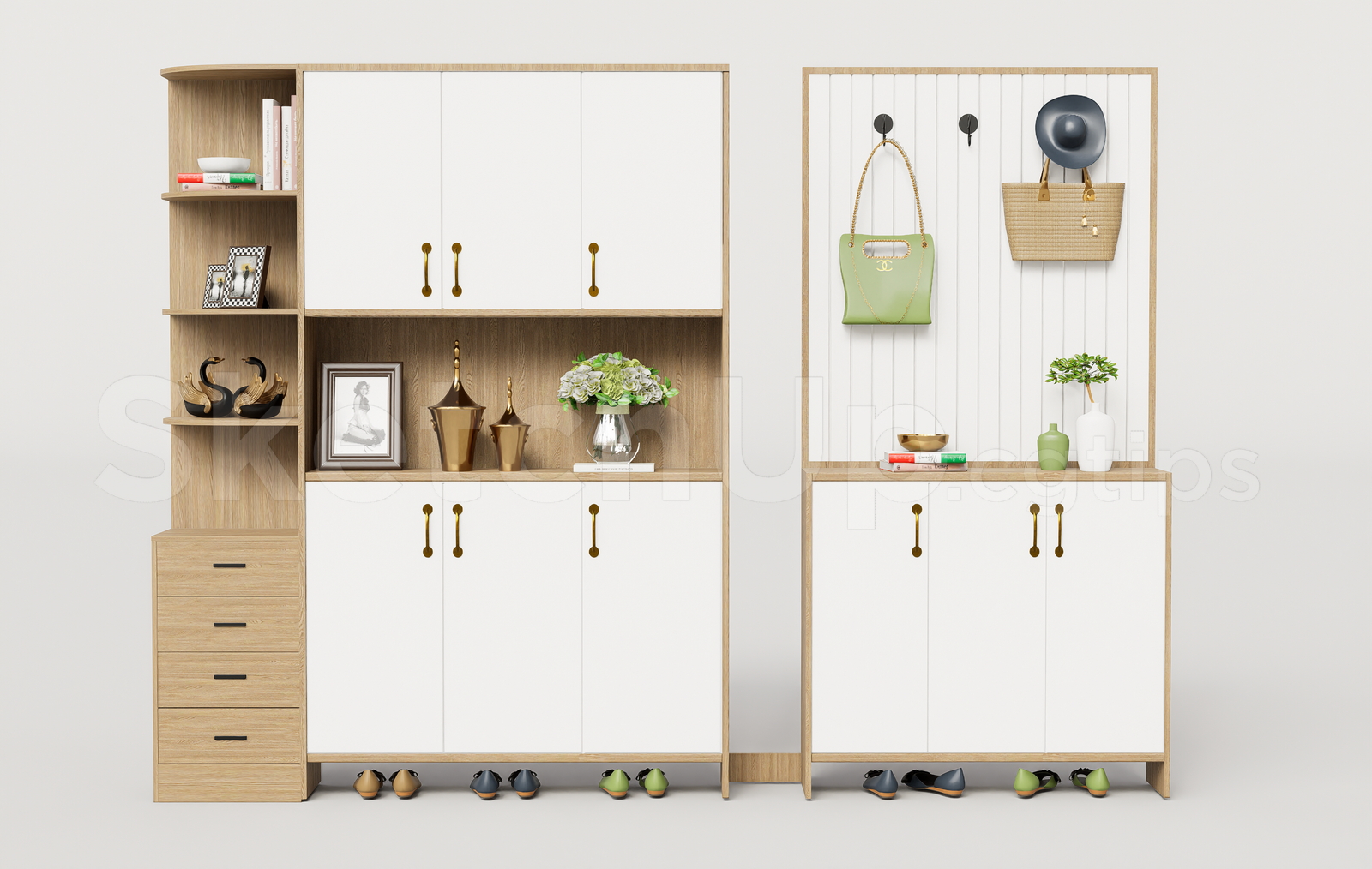 21673. Modern Wooden Entryway Shoe Cabinet And Coat Rack 3d Model Sketchup Download (1)