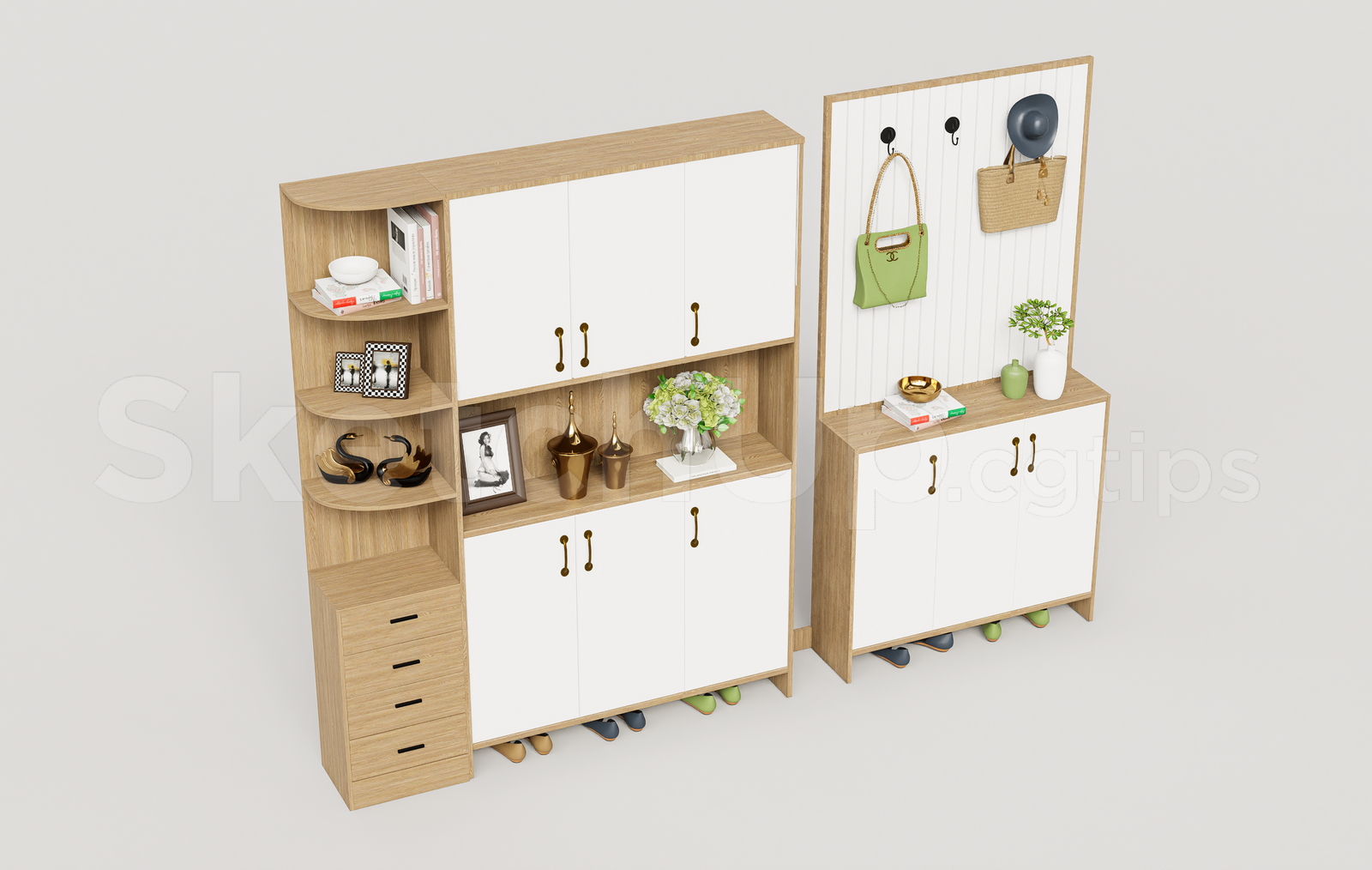 21673. Modern Wooden Entryway Shoe Cabinet And Coat Rack 3d Model Sketchup Download (2)