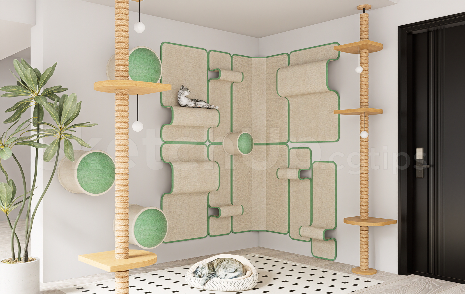 21674. Modular Pet Furniture Cat Wall Shelves And Climbing Tree Sketchup Model Download (1)