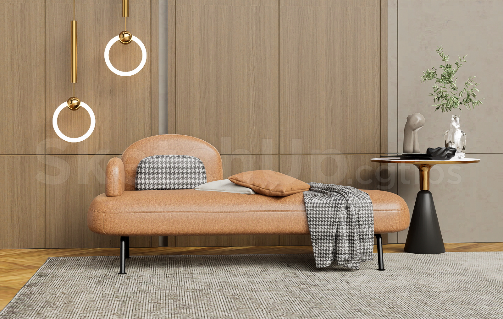 21675. Modern Curved Leather Sofa Daybed With Houndstooth Pillows Sketchup 3d Model Download (1)