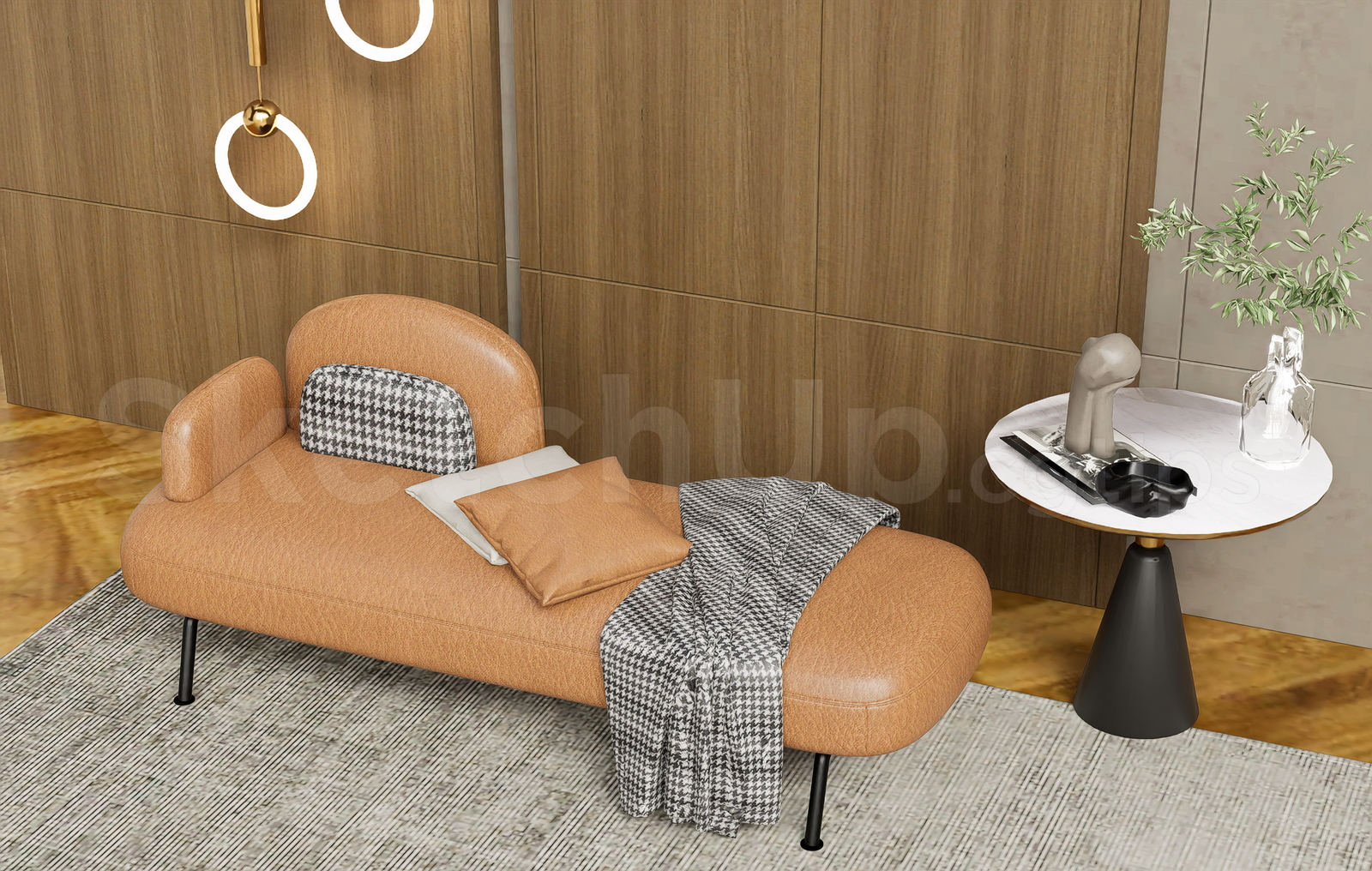 21675. Modern Curved Leather Sofa Daybed With Houndstooth Pillows Sketchup 3d Model Download (2)