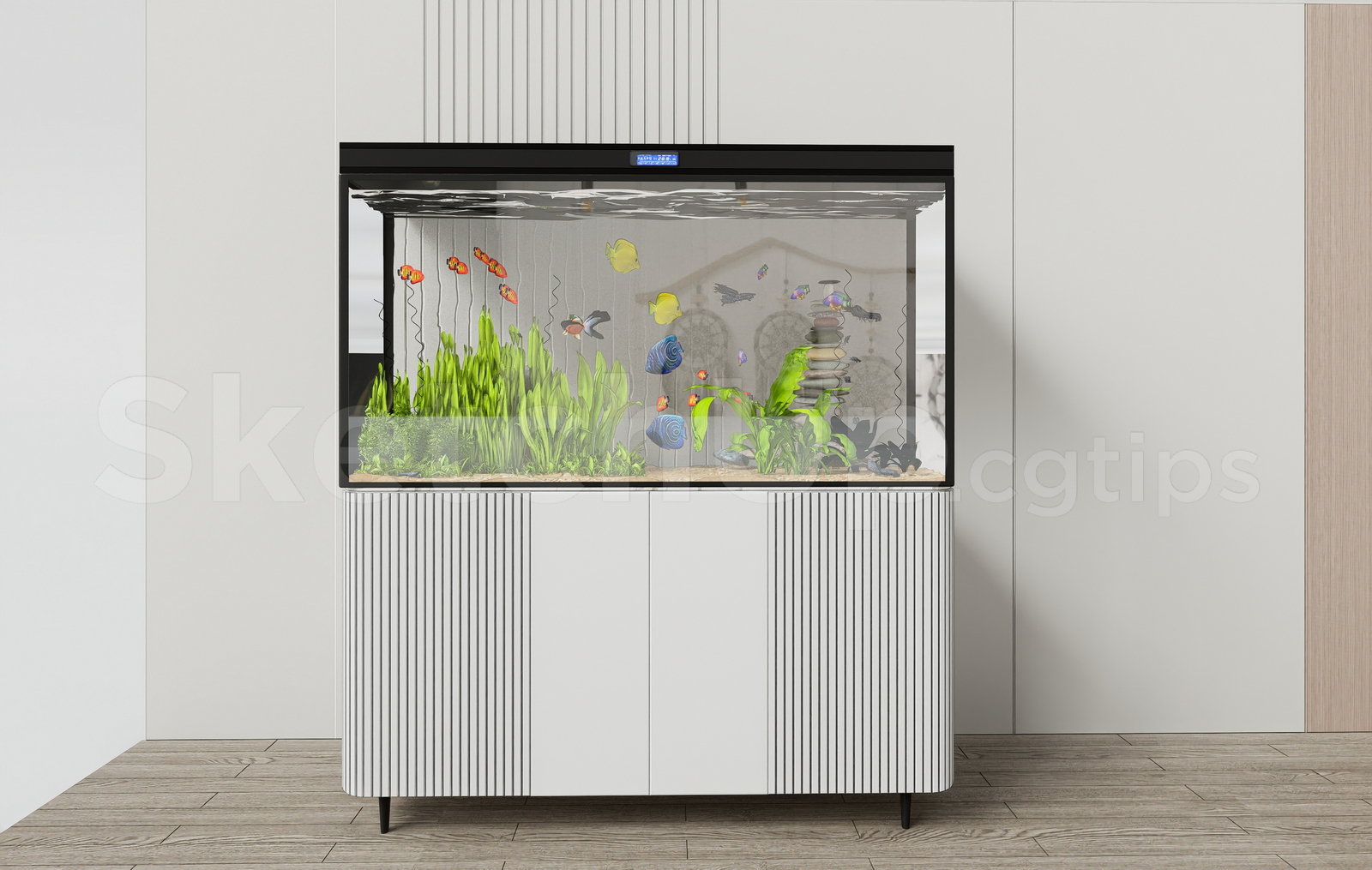 21676. Modern Glass Aquarium Fish Tank With Fluted Stand Cabinet 3d Model Sketchup Download (1)