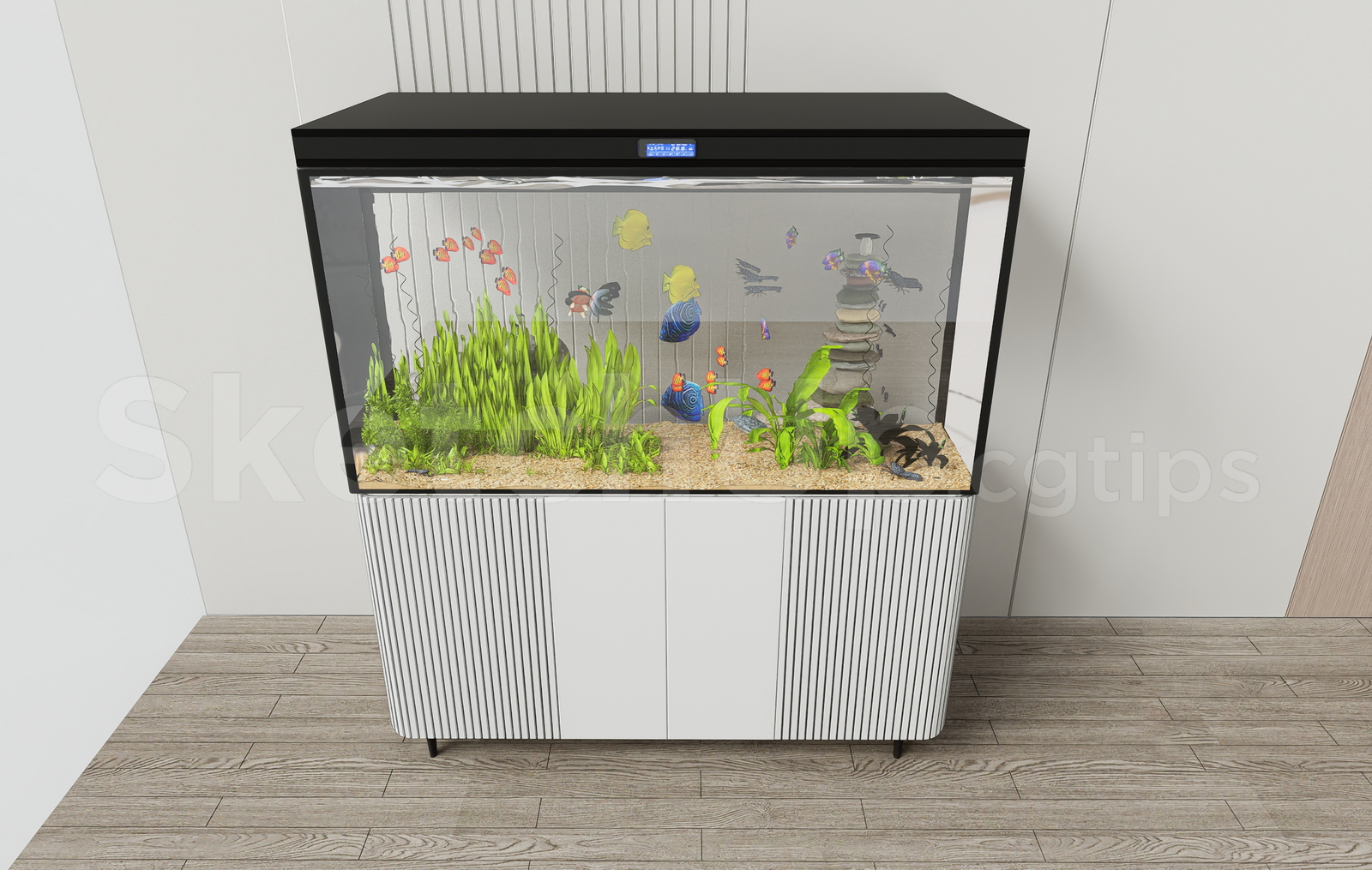 21676. Modern Glass Aquarium Fish Tank With Fluted Stand Cabinet 3d Model Sketchup Download (2)